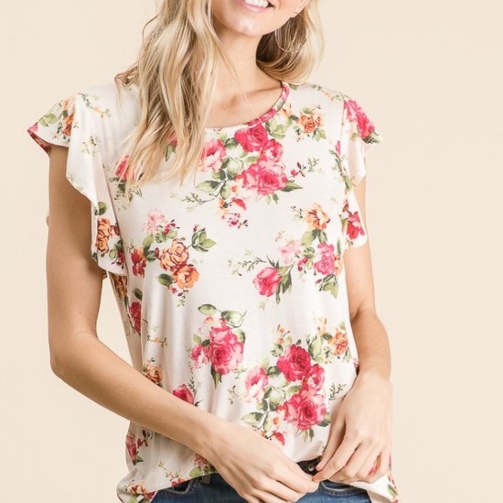 Ivory Flutter Sleve Floral T-Shirt